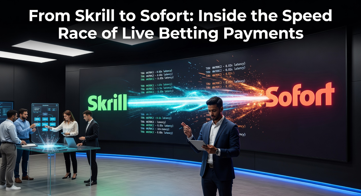 Grafik zeigt ein Rennen zwischen Zahlungsmethoden wie Skrill und Sofort mit Uhren und Live-Wetten-Symbolen, die Geschwindigkeit betonen