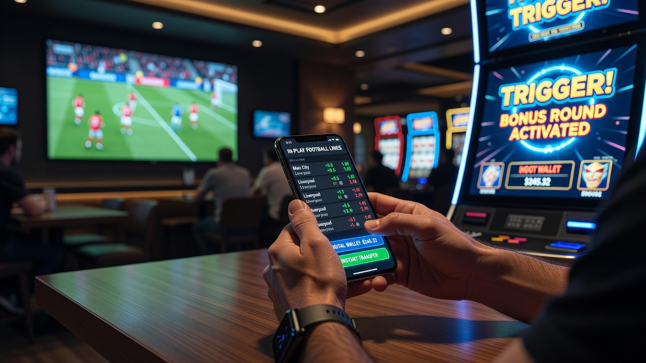 Mobile Schnittstelle mit parallelen Live-Fußballquoten und Slot-Feature-Auslösern während schneller Wallet-Transaktionen